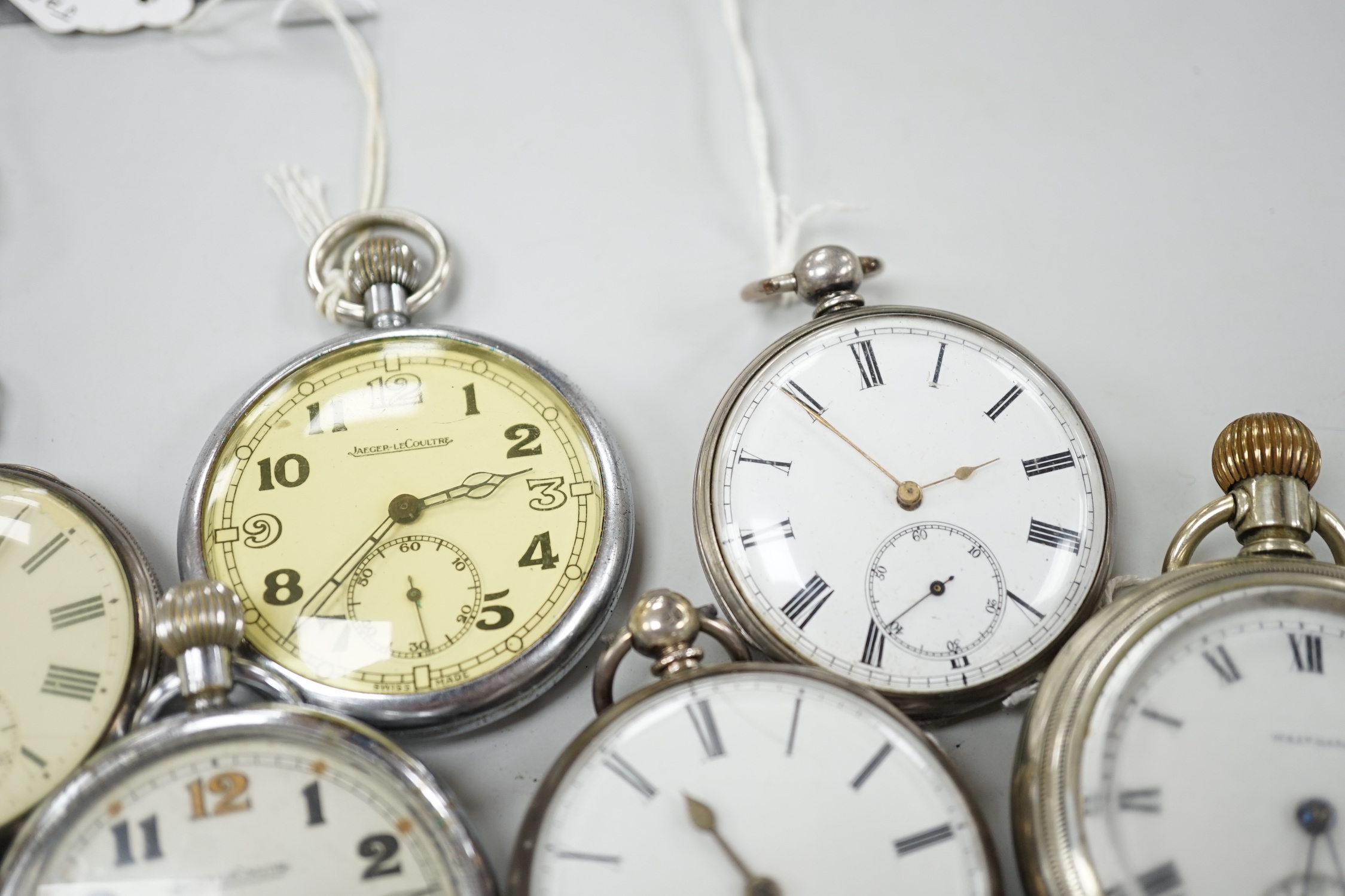 Fourteen assorted mainly base metal pocket watches including two Jaeger LeCoultre and a chronograph.